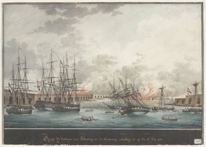 Gezicht der batterijen voor Palembang na der Verwinning smiddags - 12u. op den 24. July 1821 door Nicolas Cammillieri