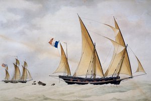 Santo Stefano di Laigueglia xebec achtervolgd door Engelse kaper door Nicolas Cammillieri