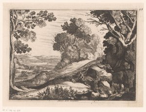 Heuvelachtig landschap met twee geitenhoeders door Nicolas Cochin (attributed to)