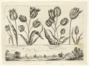 Bloemen en Jachtscène, uit Livre Nouveau de Fleurs...