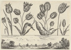 Horizontaal paneel met een rij bloemen boven een fries met een jachtscène in een landschap, 1645 door Nicolas Cochin