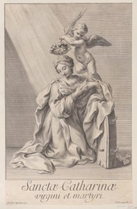 Sint Catharina van Alexandrië, knielend met haar elleboog rustend op het spijkerwiel