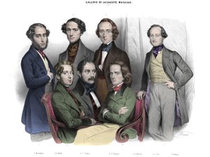 Galerie de la Gazette musicale N. 2. Beroemdheden van 1842: Frédéric Chopin, Franz Liszt, Jacob Rosenhain, Edouard Wolff, Sigismund Thalberg, Adolf von Henselt, Theodor Döhler. Gravure door Nicolas