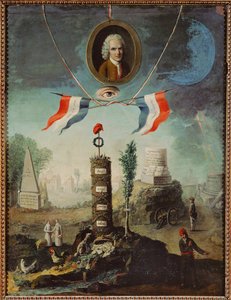 Allegorie op de Franse Revolutie met een portret van Jean-Jacques Rousseau en een jakobijnse Frygische muts ...
