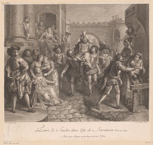 Binnenkomst van Sancho op het eiland Barataria. Geschiedenis van Don Quichot van La Mancha (series title) door Nicolas Henri Tardieu