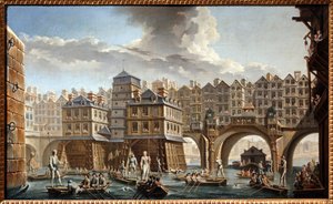 Het steekspel van de schippers, tussen de Notre Dame-brug en de Pont au Change door Nicolas and Jean Baptiste Raguenet