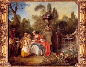 Een vrouw in een tuin drinkt koffie met kinderen of een kopje chocolade door Nicolas Lancret