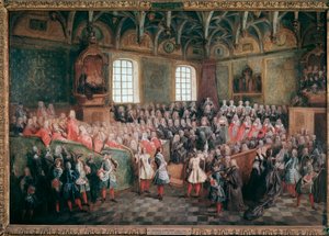 Bed van gerechtigheid gehouden door de meerderheid van koning Lodewijk XV in de Grote Kamer van het Parlement van Parijs op 22 februari