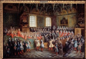 Lit de justice gehouden door de meerderheid van koning Lodewijk XV in de Grote Kamer van het Parlement van Parijs op 22 februari