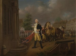 Generaal Humphreys levert de standaarden die bij Yorktown zijn genomen af in Congress Hall, Philadelphia door Nicolas Louis Albert Delerive