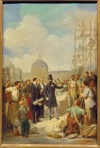 Napoleon III bezoekt de bouwplaats van het Nieuwe Louvre