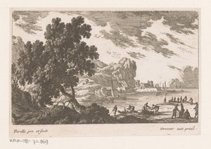 Kustgezicht met havenarbeiders door Nicolas Perelle
