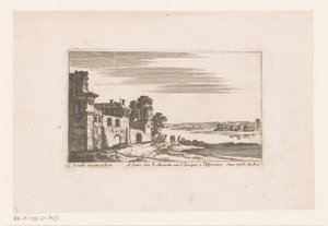 Landschap met gebouwen bij rivier door Nicolas Perelle