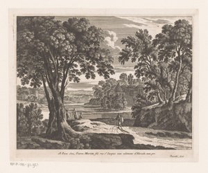 Landschap met rivier en wandelaars