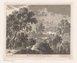 Landschap met wandelende man en vrouw bij ruïne