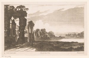 Rivierlandschap met begroeide ruïnes door Nicolas Perelle