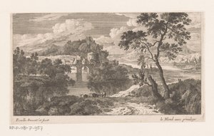 Rivierlandschap met brug met twee bogen