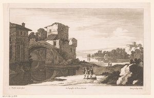 Rivierlandschap met ruïne met boogbrug door Nicolas Perelle
