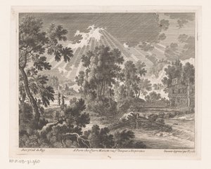 Zonnig landschap met huis aan rivier