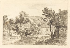 Een Huis en een Schaduwrijk Huisje aan de Oever van een Rivier