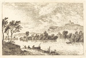 Rivierlandschap met Figuren en een Boot aan de Waterkant