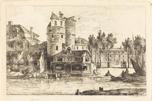 Stad aan een Rivieroever met Twee Ronde Torens