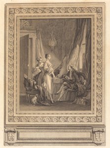 De toilet door Nicolas Ponce after Pierre Antoine Baudouin with border by Charles Nicolas Cochin II