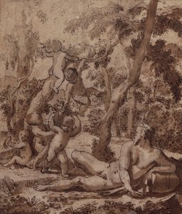 Een bebost landschap met een riviergod en putti