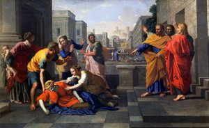 Dood van Saffira, vrouw van Ananias, die brandend aan de voeten van St. Peter viel, c.1652 door Nicolas Poussin