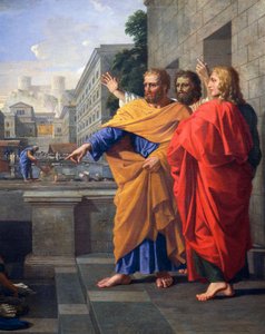 Dood van Saffira, vrouw van Ananias, die brandend aan de voeten van St. Peter viel (detail) door Nicolas Poussin