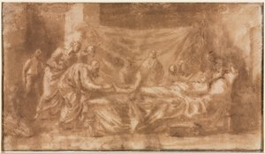 Laatste sacrament recto, drie hoofden en andere schetsen verso, 1643-1644
