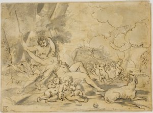 Figuren, wagen en hond door Nicolas Poussin