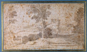 Landschap met een grote boom in het midden en een belvedère