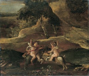 Putti vechtend op geiten
