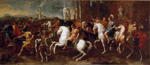 De jacht van Meleagre. Helden van de Griekse mythologie die beroemd is tijdens de jacht op het everzwijn van Calydon. Schilderij door Nicolas Poussin door Nicolas Poussin