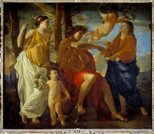 De inspiratie van de dichter, een dichter met een lier in de hand en een lauwerkrans op het hoofd, omringd door Muzen en putti. schilderij door Nicolas Poussin