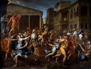 De ontvoering van de Sabijnse vrouwen door de Romeinen. Romulus links observeert de scène. Schilderij door Nicolas Poussin door Nicolas Poussin