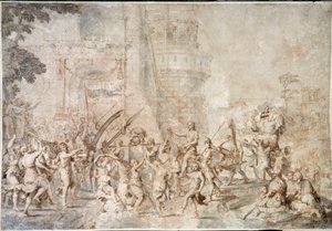 De triomf van David die het hoofd van Goliath terugbrengt Tekening door Nicolas Poussin door Nicolas Poussin
