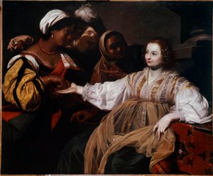 De waarzegster Een vrouw kwam een handlezer raadplegen. Schilderij door Nicolas Regnier (1591-1667) Zon. 1,2x1,5 m door Nicolas Regnier