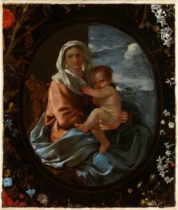 Maagd en kind in een bloemenkrans door Nicolas & Seghers Daniel (1590–1661) Poussin
