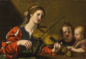 Een vrouw die viool speelt met twee zingende kinderen door Nicolas Tournier