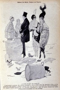 Parijs: afval hoopt zich op in de straat voor elegant geklede mensen. Illustratie van de Franse pers door H. Tournier door Nicolas Tournier