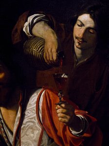 Dienaar schenkt wijn in, detail van Ontmoeting van drinkers, door Nicolas Tournier door Nicolas Tournier