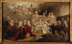 Allegorie van de verloving van Lodewijk XV met de Infanta Marie-Anne-Victoire van Spanje (1722) door Nicolas de (workshop) Largilliere
