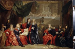 Prévôts en magistraten van de stad Parijs bespreken het diner ter ere van koning Lodewijk XIV in het stadhuis na zijn herstel in 1687
