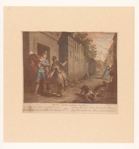 Straatgezicht met man met boek door Nicolas de Larmessin (III)