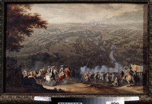 De Slag bij Poltava op 27 juni 1709. In deze slag stond het Zweedse leger van Carl XII van Zweden tegenover dat van de Russische tsaar Peter de Grote tijdens de Grote Noordse Oorlog (1700 tot 1721). Schilderij door Nico