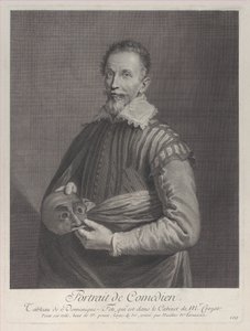 Portret van een komiek: portret van Francesco Andreini met een masker, 1729-40