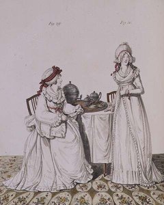 Twee dames aan het ontbijt in hun kleedkamer, met nachtmutjes en peignoirs, uit Nikolaus Heideloff