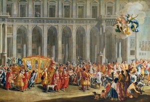 Het vertrek van Alois Thomas von Harrach, onderkoning van Napels (1669-1742) uit het Palazzo Reale di Capodimonte (detail) door Nicolo Maria Russo or Rossi